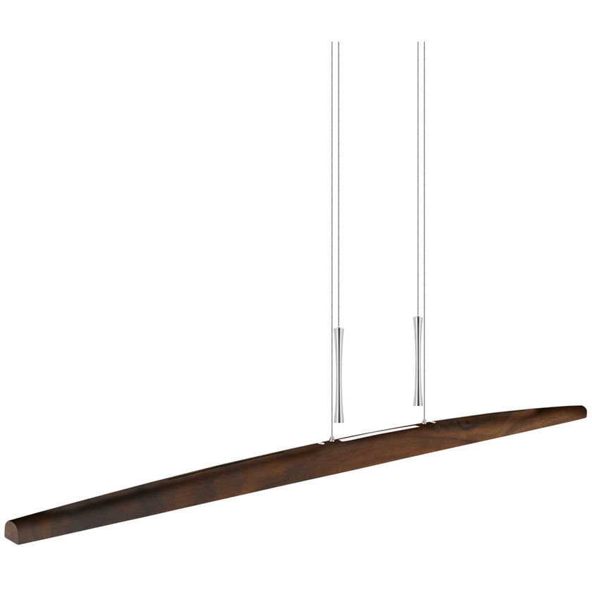 Balkenleuchte aus Nussbaum geölt, Modell Arco, mit Gegengewicht, Metall Nickel gebürstet, Ansicht seitlich, 1700mm