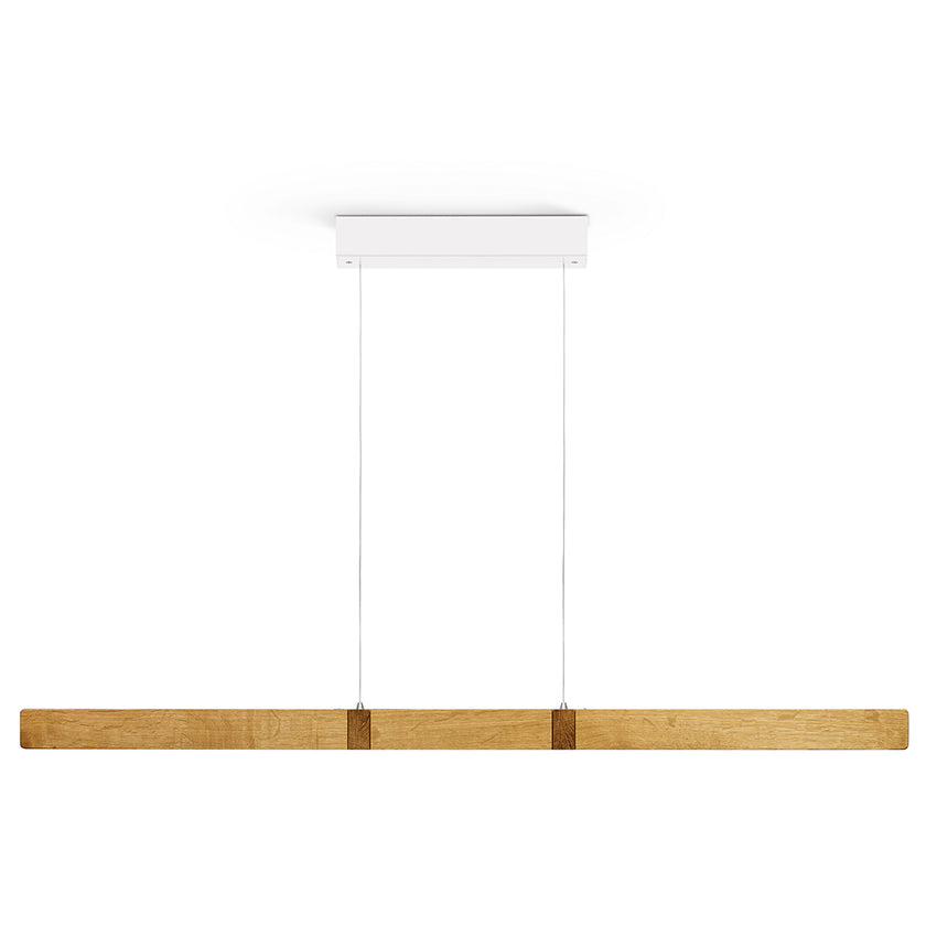 Balkenleuchte aus Asteiche geölt, Modell Marley, weißer Baldachin, 1300mm, Kopfholzapplikationen, Metall Nickel matt gebürstet, Up & Down Licht, dimmbar, Rollizug (höhenverstellbar), Frontalansicht