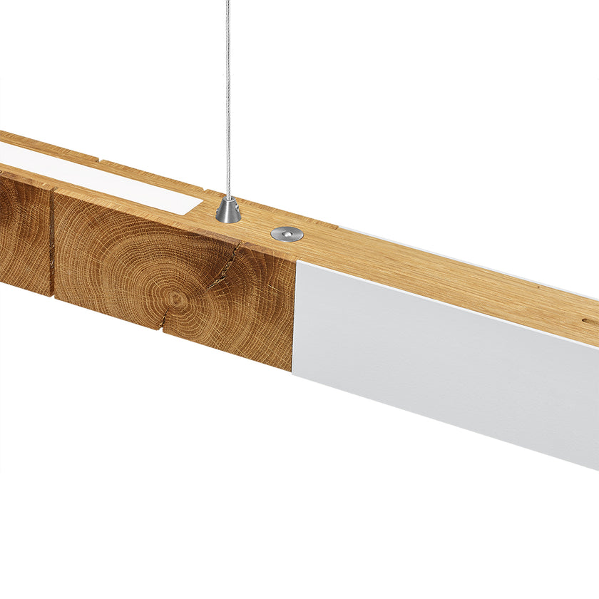 Balkenleuchte aus Asteiche geölt, Modell Lana del bianco, 1300mm, Kopfholz, weiße Applikationen, Dimm to warm per Tastdimmung, Detailansicht 