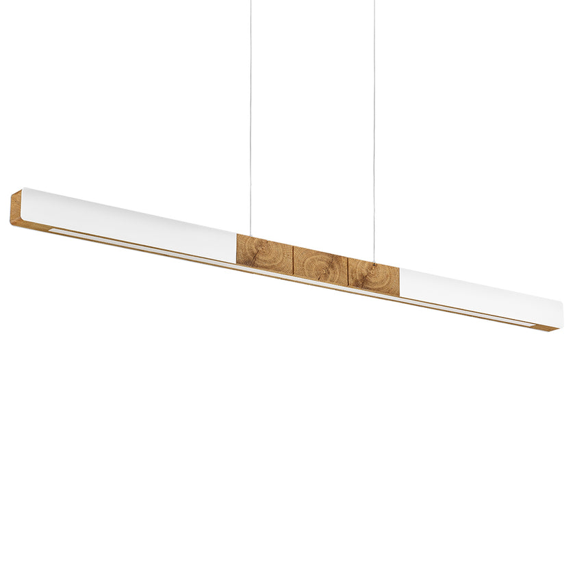 Balkenleuchte aus Asteiche geölt, Modell Lana del bianco, 1300mm, Kopfholz, weiße Applikationen, Dimm to warm per Tastdimmung, Seitenansicht von unten