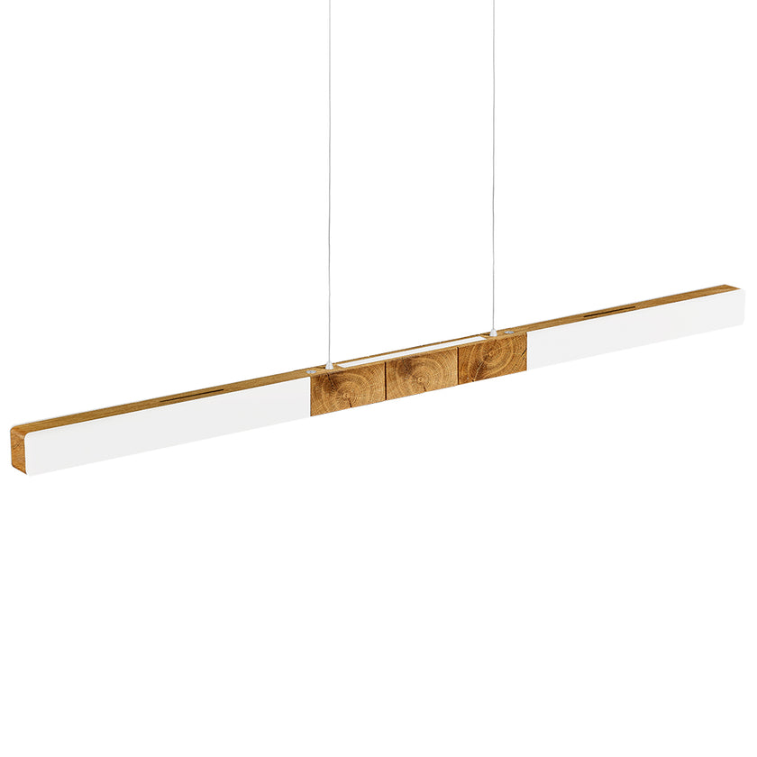 Balkenleuchte aus Asteiche geölt, Modell Lana del bianco, 1300mm, Kopfholz, weiße Applikationen, Dimm to warm per Tastdimmung, Seitenansicht 