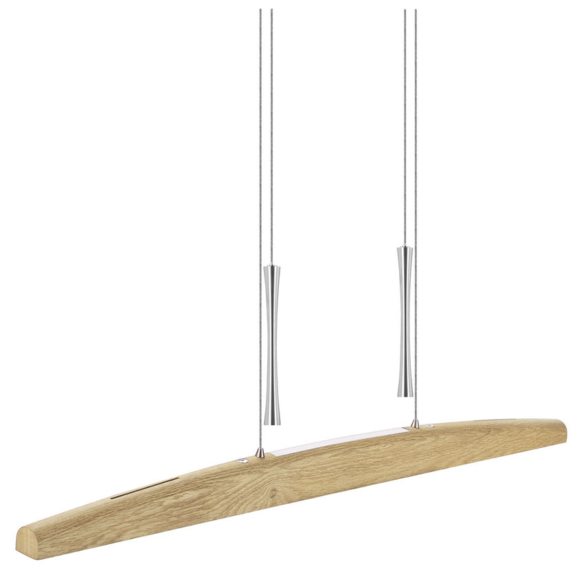 Balkenleuchte aus Asteiche natur, Modell Arco, mit Gegengewichten aus Nickel gebürstet, Ansicht seitlich, 1000mm