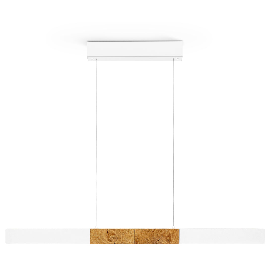 Balkenleuchte aus Asteiche geölt, Modell Lana del bianco, 1000mm, Kopfholz, weiße Applikationen, Dimm to warm per Tastdimmung, Frontalansicht