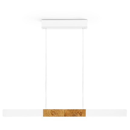 Balkenleuchte aus Asteiche geölt, Modell Lana del bianco, 1000mm, Kopfholz, weiße Applikationen, Dimm to warm per Tastdimmung, Frontalansicht