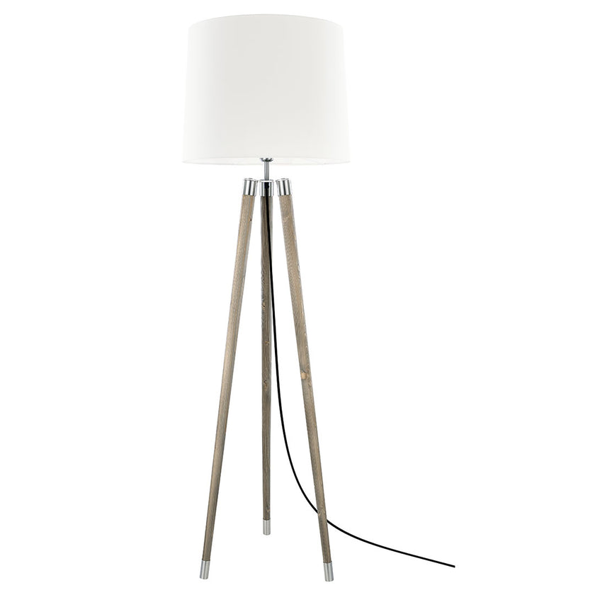 Dreibein Stehleuchte aus Fichte unique, Modell Briany, mit weißem Lampenschirm, Kabel mittig