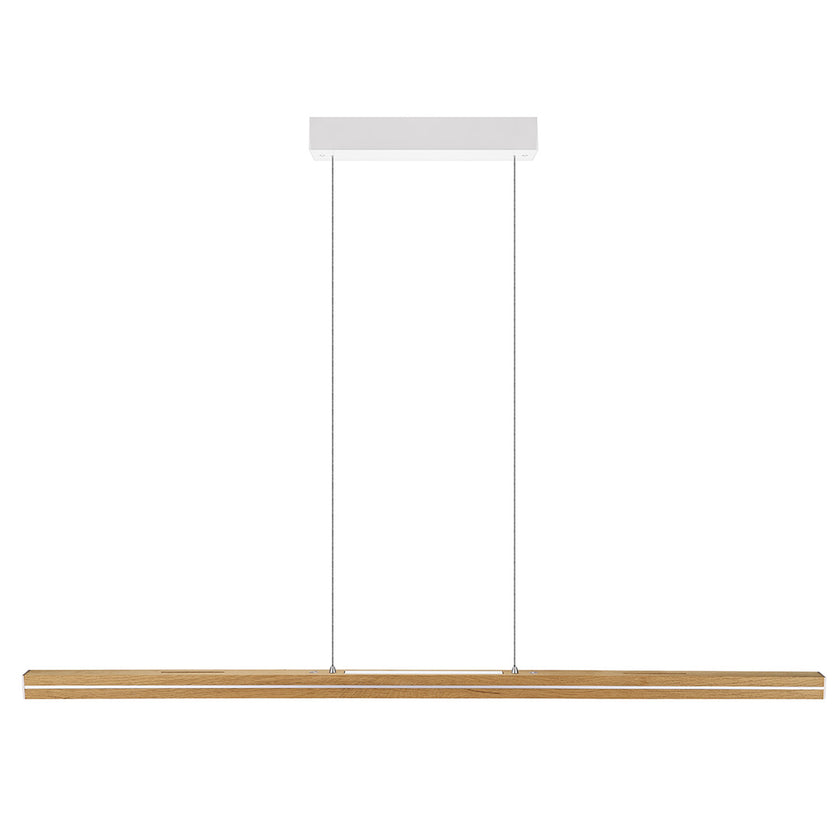 Balkenleuchte aus Asteiche geölt, Modell Dana, mit Rollizug, Baldachin weiß, Ansicht frontal, 1300mm