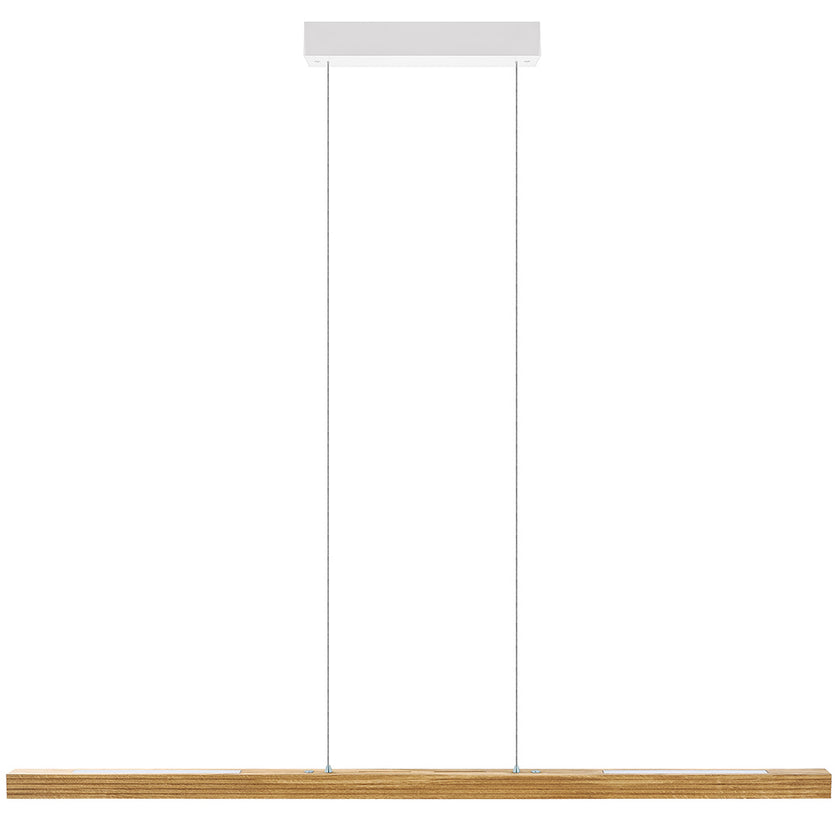 Balkenleuchte aus Asteiche Natur, Modell Hermann, Rollizug, Baldachin weiß, LED Up & Down, 1300mm lang, Frontalansicht