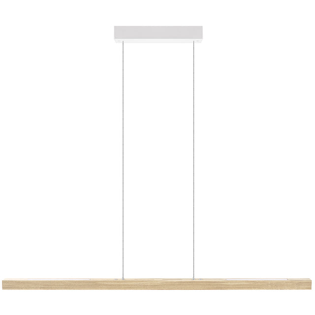 Balkenleuchte aus Asteiche Natur, Modell Hermann, Rollizug, Baldachin weiß, 1300mm lang, LED Up & Down, Frontalansicht