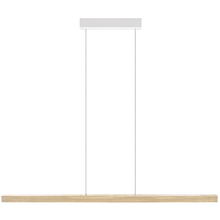 Balkenleuchte aus Asteiche Natur, Modell Hermann, Rollizug, Baldachin weiß, 1300mm lang, LED Up & Down, Frontalansicht