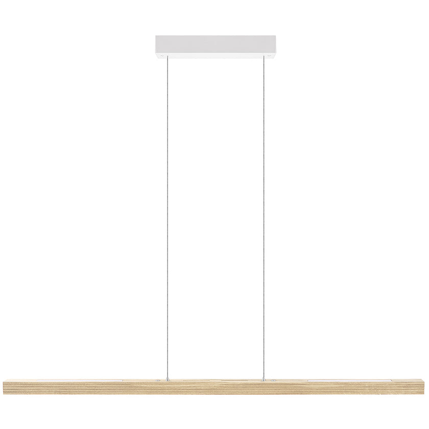 Balkenleuchte aus Asteiche Natur, Modell Hermann, Rollizug, Baldachin weiß, 1300mm lang, LED Up & Down, Frontalansicht