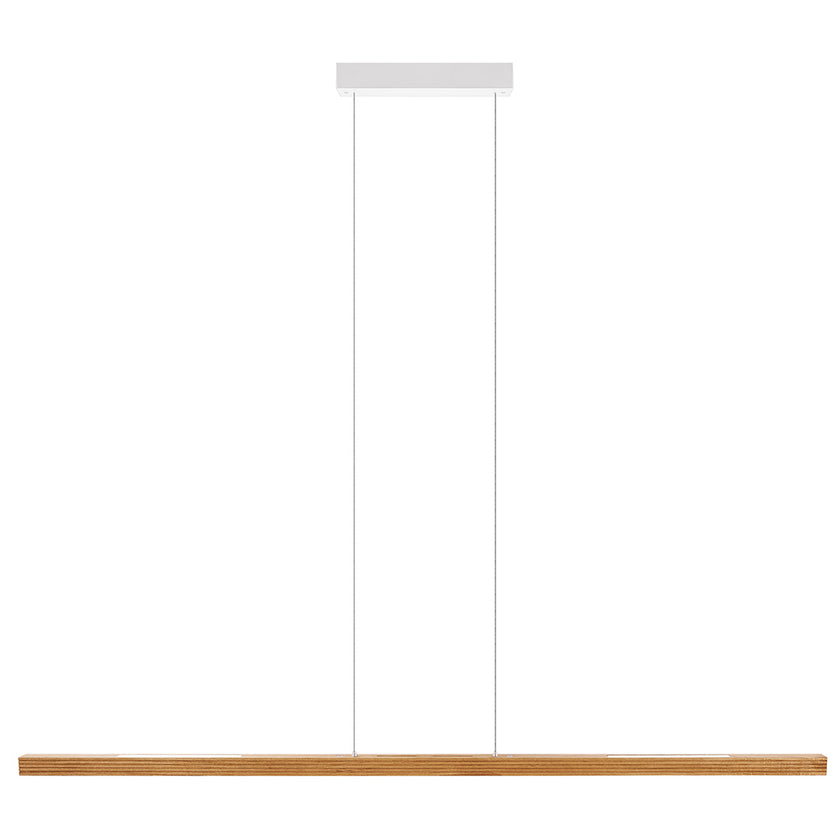 Balkenleuchte aus Asteiche geölt, Modell Hermann, Rollizug, Baldachin weiß, 1700mm lang, LED Up & Down, Frontalansicht