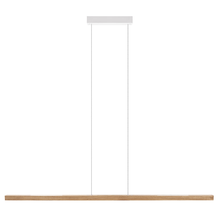 Balkenleuchte aus Asteiche Natur, Modell Hermann, Rollizug, Baldachin weiß, LED Up & Down, 1700mm lang, Frontalansicht