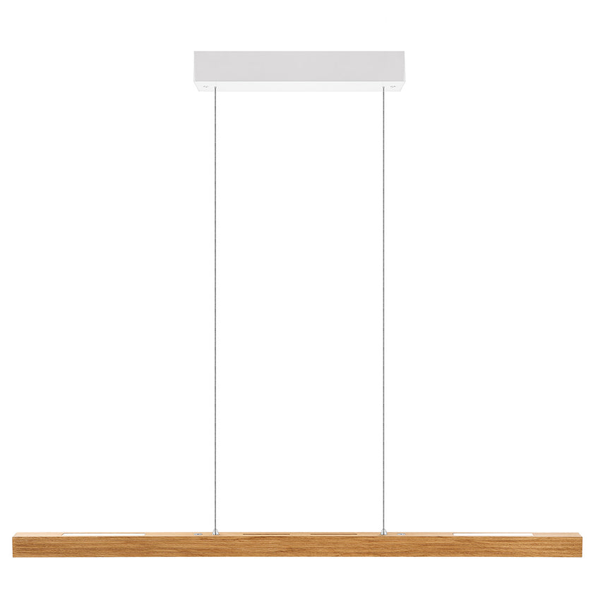 Balkenleuchte aus Asteiche geölt, Modell Hermann, Rollizug, Baldachin weiß, 1000mm lang, LED Up & Down, Frontalansicht