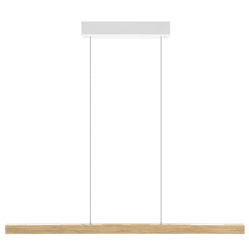 Balkenleuchte aus Asteiche Natur, Modell Hermann, Rollizug, Baldachin weiß, 1000mm lang, LED Up & Down, Frontalansicht