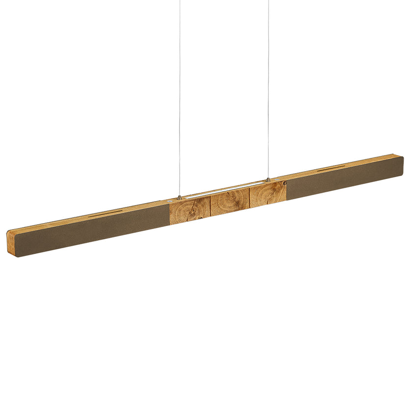 Balkenleuchte aus Asteiche geölt, Modell Lana del bronco, 1300mm, Kopfholz, bronze Applikationen, Dimm to warm per Tastdimmung, Seitenansicht