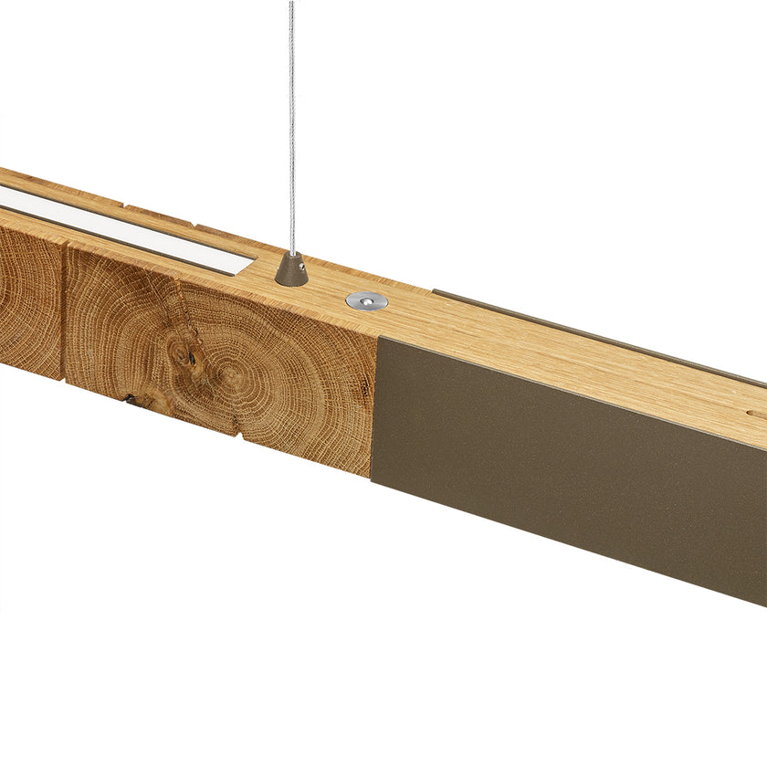 Balkenleuchte aus Asteiche geölt, Modell Lana del bronco, 1300mm, Kopfholz, bronze Applikationen, Dimm to warm per Tastdimmung, Detailansicht 