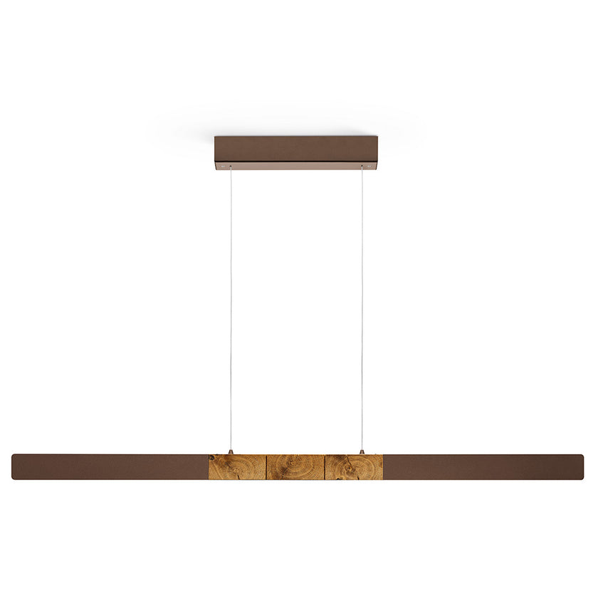 Balkenleuchte aus Asteiche geölt, Modell Lana del bronco, 1300mm, Kopfholz, bronze Applikationen, Baldachin bronze, Dimm to warm per Tastdimmung, Frontalansicht 