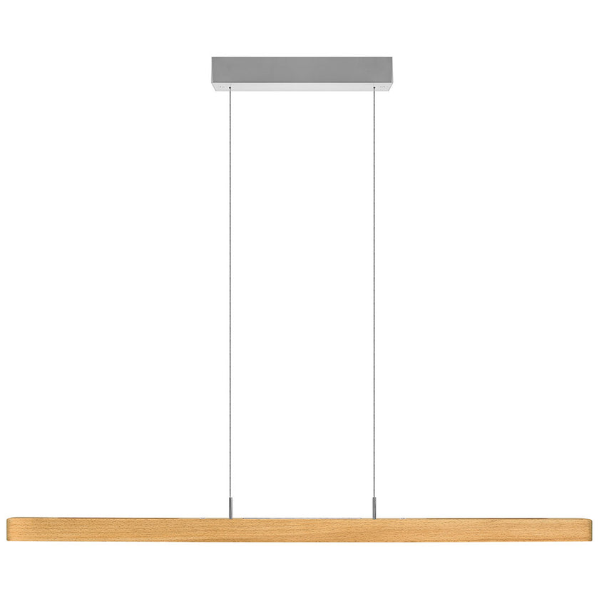Balkenleuchte aus Buche, Modell Leonora, 1210mm lang, Rollizug, Baldachin Nickel, Frontalansicht 