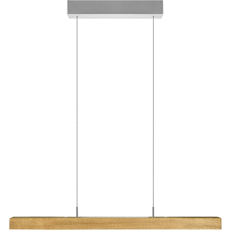 Balkenleuchte aus Asteiche geölt, Modell Leonora, 850mm, Rollizug, Baldachin Nickel, LED Up & Down, Dimm-to-warm-Funktion, Frontalansicht