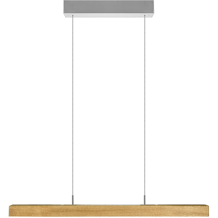 Balkenleuchte aus Asteiche geölt, Modell Leonora, 850mm, Rollizug, Baldachin Nickel, LED Up & Down, Dimm-to-warm-Funktion, Frontalansicht