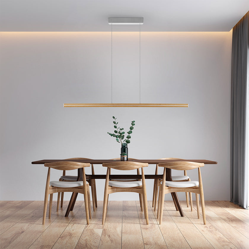 Balkenleuchte aus Asteiche geölt, Modell Dana, mit Rollizug, Applikationen in Nickel, Milieubild über Esstisch