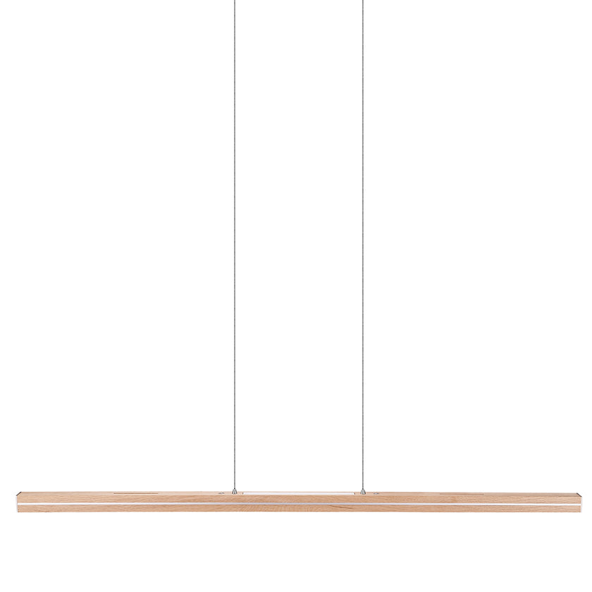 Balkenleuchte aus Asteiche geölt, Modell Dana, mit Rollizug, Applikationen in Nickel gebürstet, Ansicht frontal, 1300mm