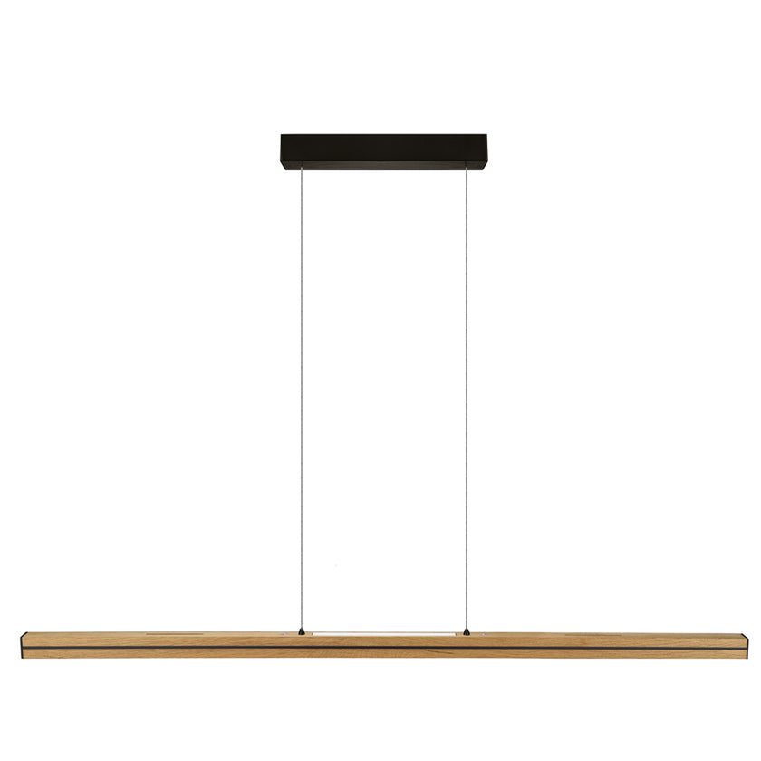 Balkenleuchte aus Asteiche geölt, Modell Dana, mit Rollizug, Applikationen in schwarz, Ansicht frontal, 1300mm