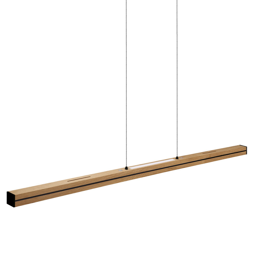 Balkenleuchte aus Asteiche geölt, Modell Dana, mit Rollizug, Applikationen in schwarz, Ansicht seitlich, 1300mm