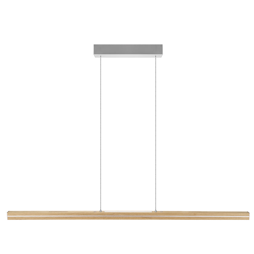 Balkenleuchte aus Asteiche natur, Modell Dana, mit Rollizug, Applikationen in Nickel gebürstet, Ansicht frontal, 1300mm