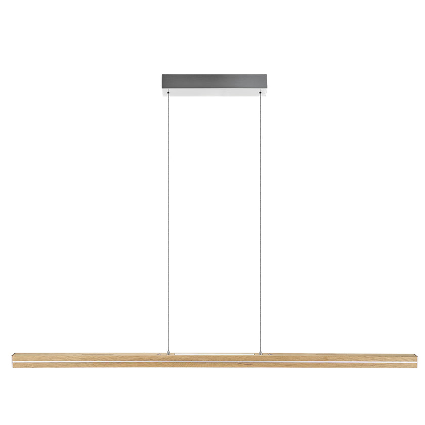 Balkenleuchte aus Asteiche natur, Modell Dana, mit Rollizug, Applikationen in Nickel gebürstet, Ansicht frontal, 1300mm