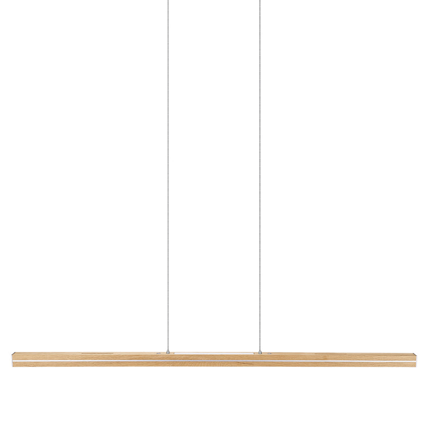 Balkenleuchte aus Asteiche natur, Modell Dana, mit Rollizug, Applikationen in Nickel gebürstet, Ansicht frontal, 1300mm