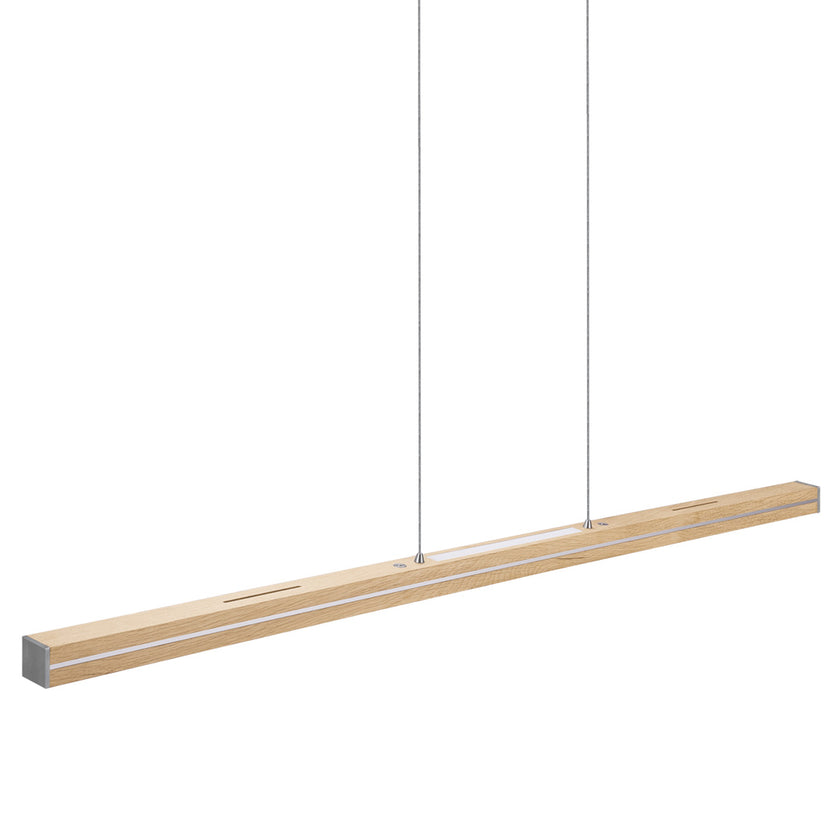 Balkenleuchte aus Asteiche natur, Modell Dana, mit Rollizug, Applikationen in Nickel gebürstet, Ansicht seitlich, 1300mm