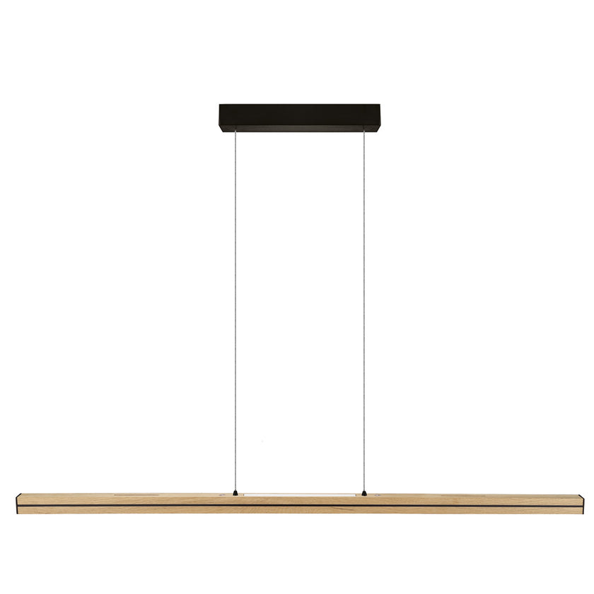 Balkenleuchte aus Asteiche natur, Modell Dana, mit Rollizug, Applikationen in schwarz, Ansicht frontal, 1300mm