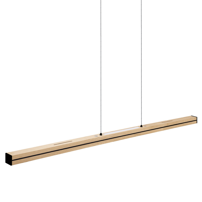 Balkenleuchte aus Asteiche natur, Modell Dana, mit Rollizug, Applikationen in schwarz, Ansicht seitlich, 1300mm