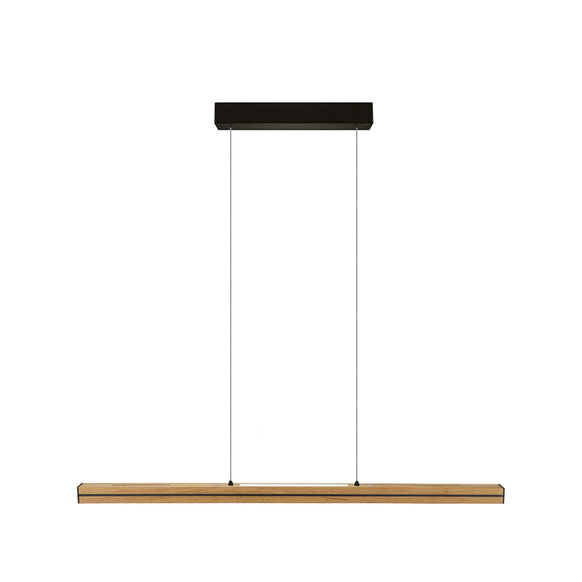 Balkenleuchte aus Asteiche geölt, Modell Dana, mit Rollizug, Applikationen in schwarz, Ansicht frontal, 1000mm