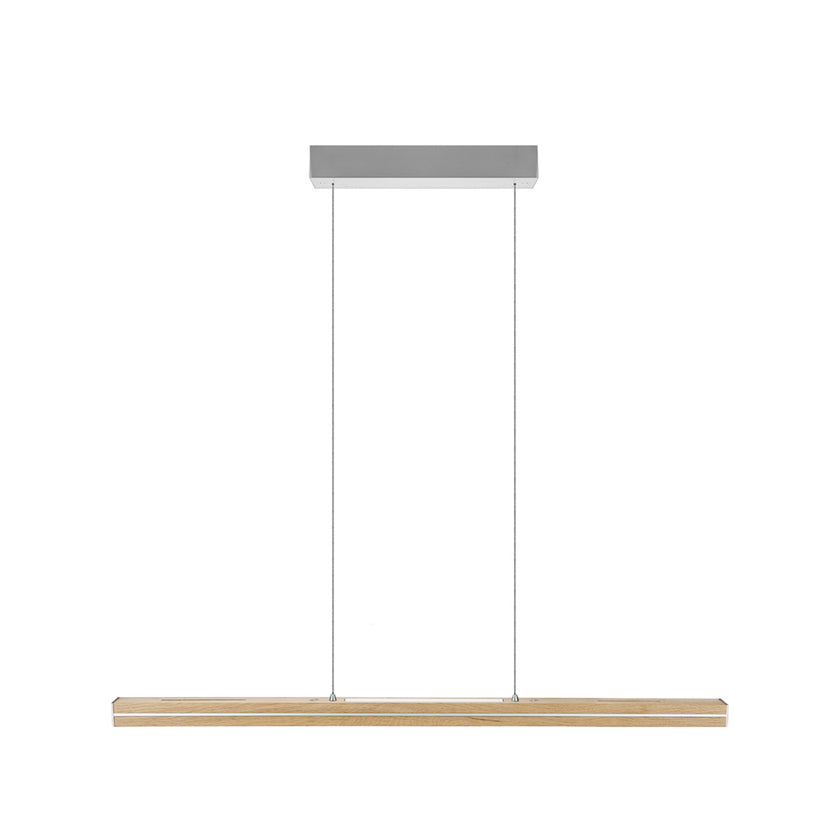 Balkenleuchte aus Asteiche natur, Modell Dana, mit Rollizug, Applikationen in Nickel gebürstet, Ansicht frontal, 1000mm