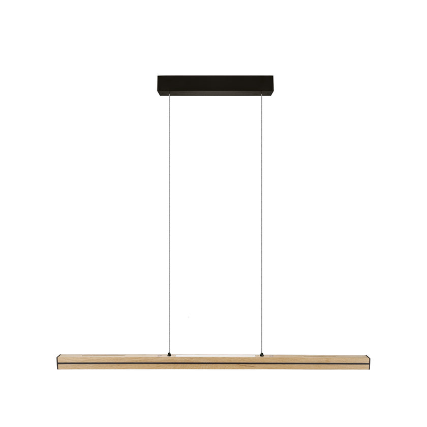 Balkenleuchte aus Asteiche natur, Modell Dana, mit Rollizug, Applikationen in schwarz, Ansicht frontal, 1000mm