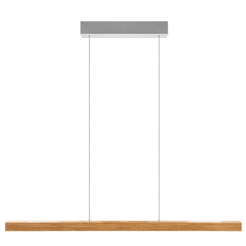 Balkenleuchte aus Asteiche geölt, Modell Hermann, Rollizug, Baldachin Nickel, 1000mm lang, LED Up & Down, Frontalansicht