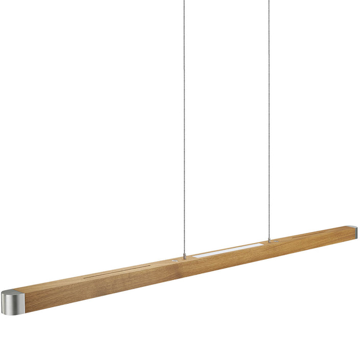 Balkenleuchte aus Asteiche geölt, Modell Novelie, Metall Nickel matt gebürstet, Alu LED Leiste, Rollizüge (höhenverstellbar), dimmbar, Ansicht schräg 
