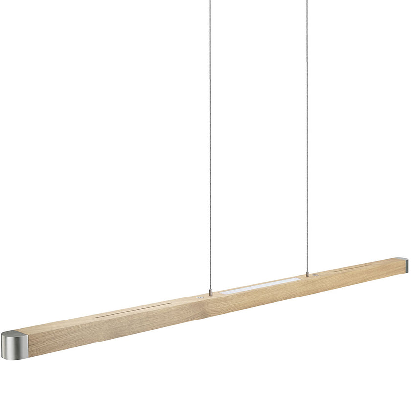 Balkenleuchte aus Asteiche Natur, Modell Novelie, Metall Nickel matt gebürstet, Alu LED Leiste, Rollizüge (höhenverstellbar), dimmbar, Ansicht schräg 