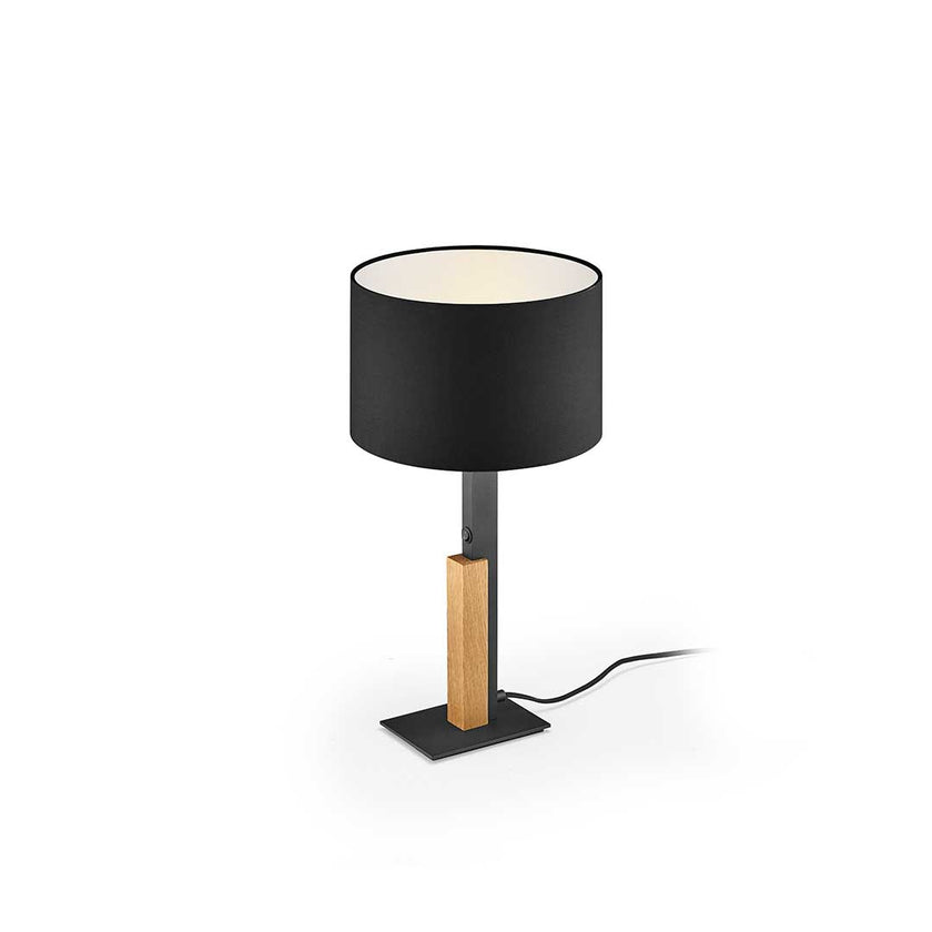 Tischleuchte aus Holz, Modell Arian, mit schwarzen Applikationen, schwarzem Fuß und schwarzem Lampenschirm Draufsicht