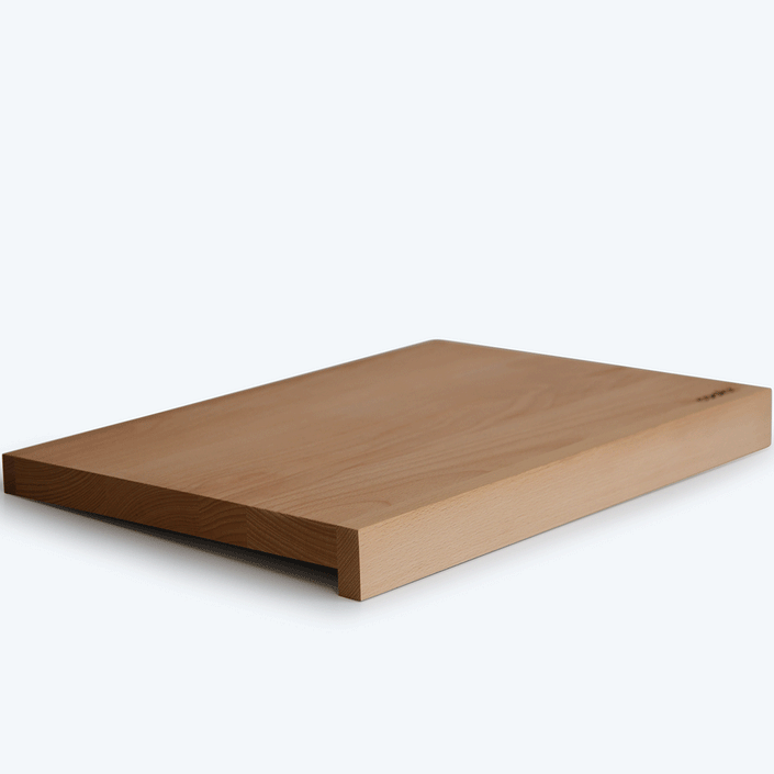 Hackbrett aus Buchenholz, Antirutschkante, 50 x 34 x 3,5 cm, COOKX Logo unten rechts eingraviert, Seitenansicht 