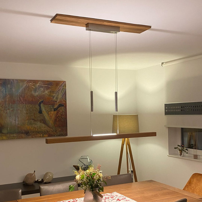 Deckensegel aus Asteiche geölt, 700mm x 100mm, Milieubild im Esszimmer, Deckensegel an Decke zwischen Baldachin und Decke