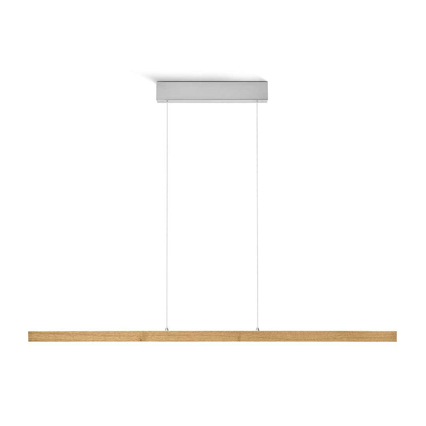 Balkenleuchte aus Asteiche geölt, Modell Laurent, 1300mm, Baldachin Nickel, LED, Rollizug (höhenverstellbar, kürzbar), Alu-LED-Leiste mit Acryl, Frontalansicht