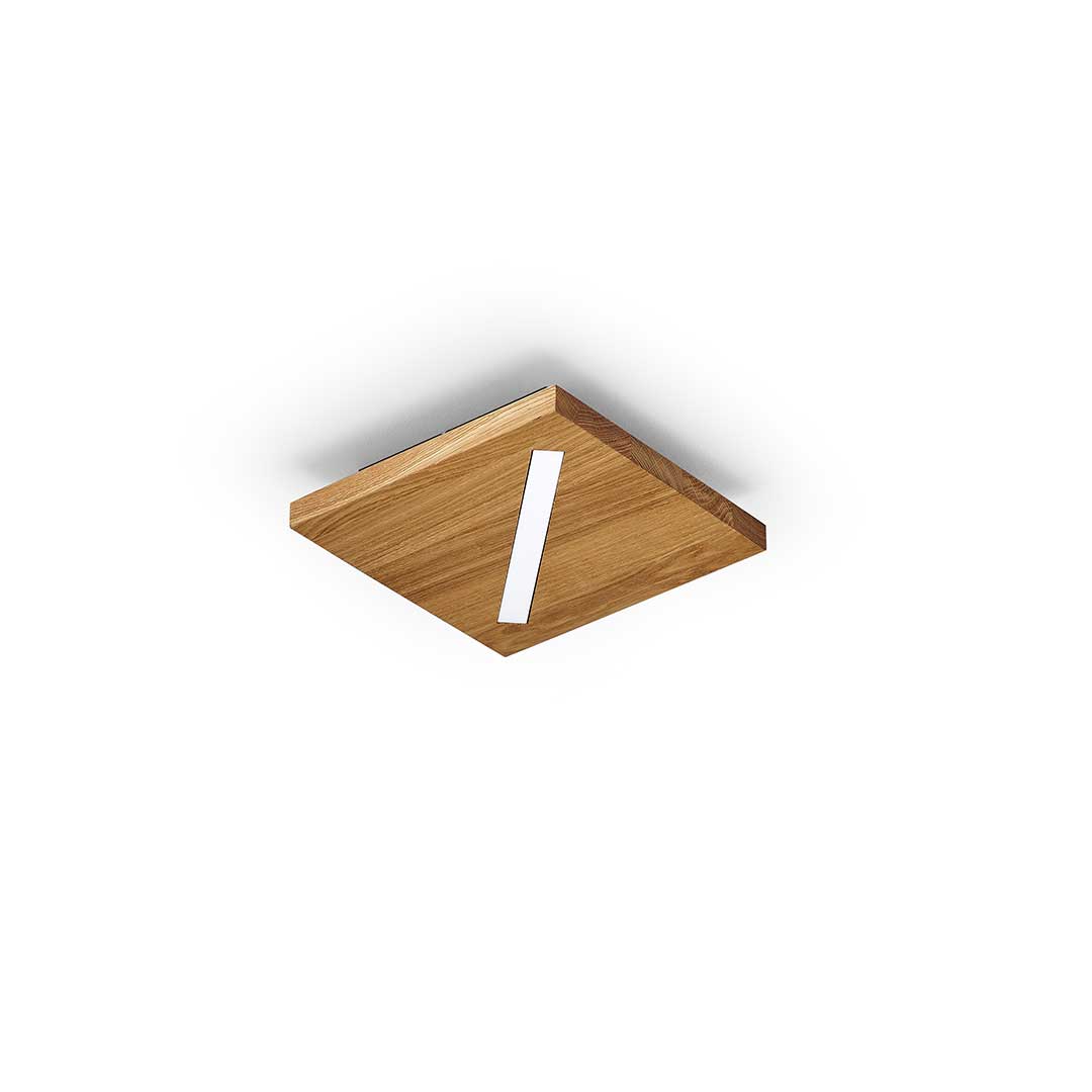 Deckenleuchte aus Asteiche geölt, Modell Liam, 1-flammig LED, Metall schwarz gepulvert, dimmbar, 210mm x 210mm x 44mm, Ansicht schräg 