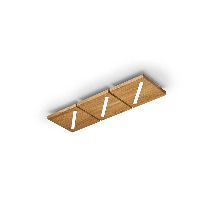 Deckenleuchte aus Asteiche geölt, Modell Liam, 3-flammig LED, Metall schwarz gepulvert, dimmbar, 650mm x 210mm x 44mm, Ansicht schräg 