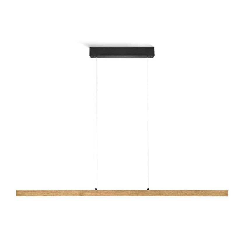 Balkenleuchte aus Asteiche geölt, Modell Laurent, 1300mm, Baldachin schwarz, LED, Rollizug (höhenverstellbar, kürzbar), Alu-LED-Leiste mit Acryl, Frontalansicht