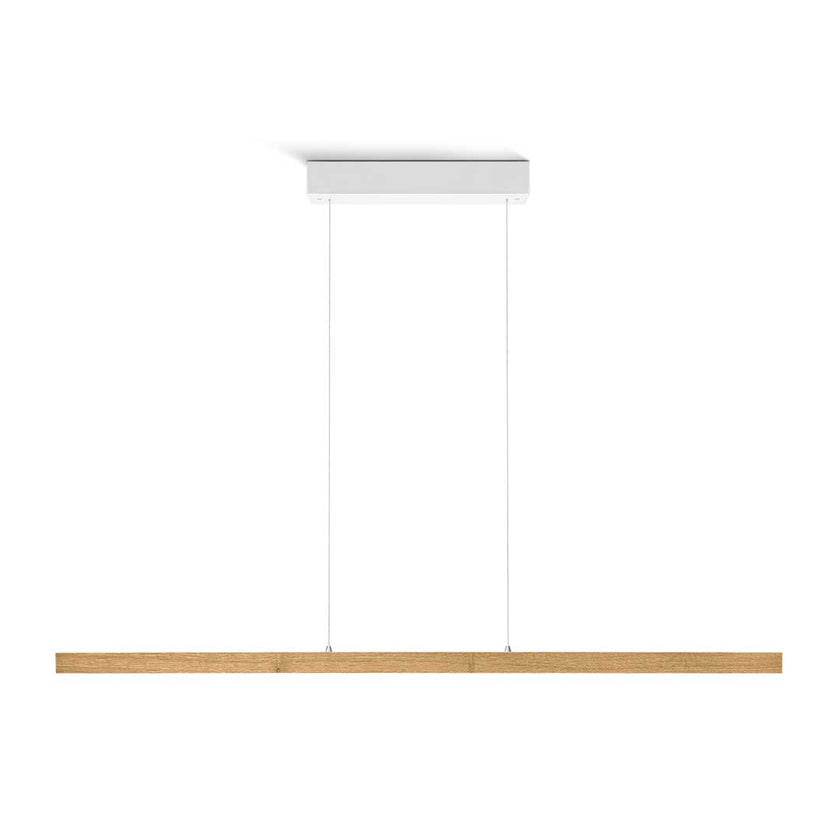 Balkenleuchte aus Asteiche geölt, Modell Laurent, 1300mm,  Baldachin weiß, LED, Rollizug (höhenverstellbar, kürzbar), Alu-LED-Leiste mit Acryl, Frontalansicht