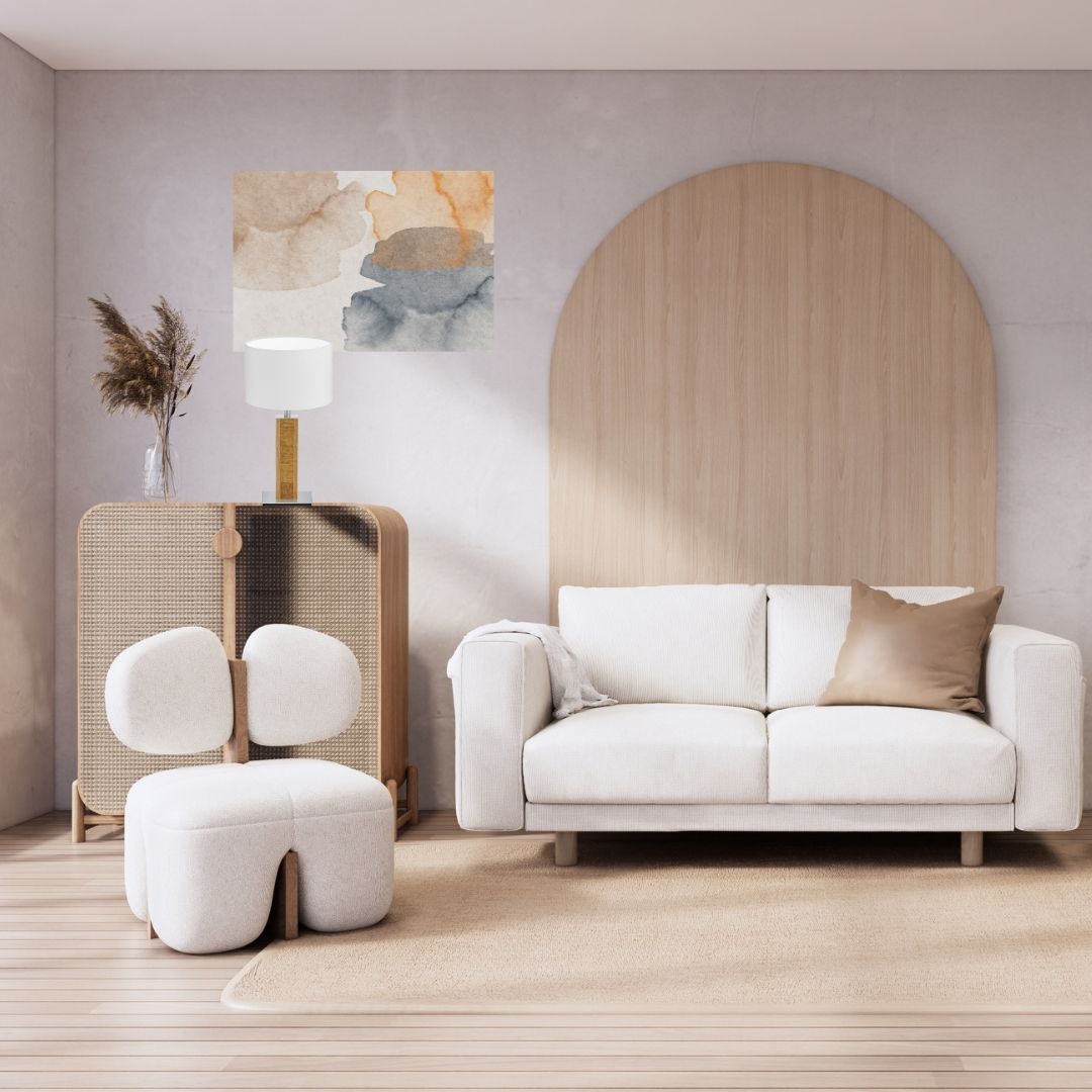 Tischleuchte aus Asteiche geölt und Kopfholz, Modell Karl K, weißer Schirm, Nickel Applikationen, Milieubild im Wohnzimmer, Leuchte steht auf Highboard