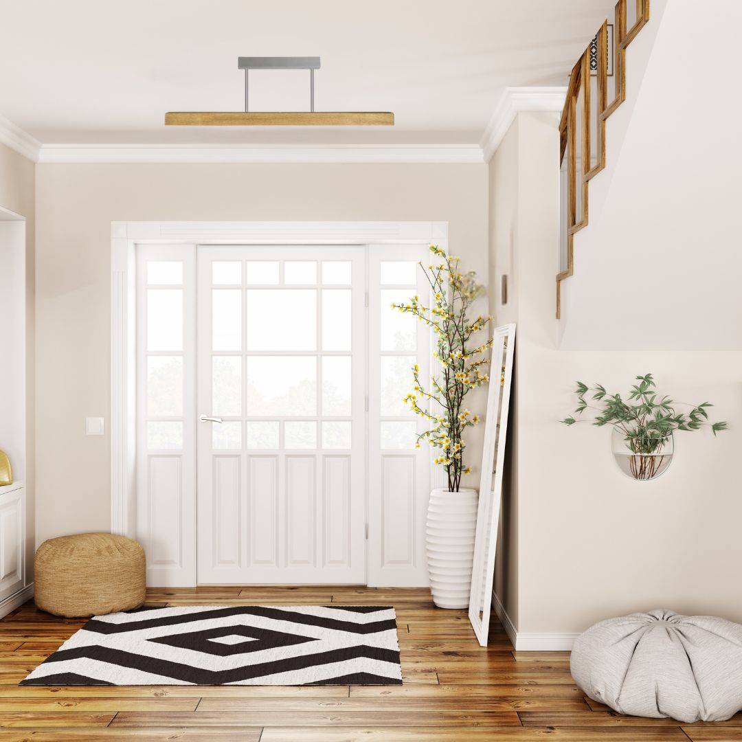 Deckenleuchte in Asteiche geölt, Modell Leonora, 1210mm,  Alu-LED-Leiste mit Acryl satiniert, Nickel matt gebürstet, Milieubild im Flur, Leuchte hängt an Decke